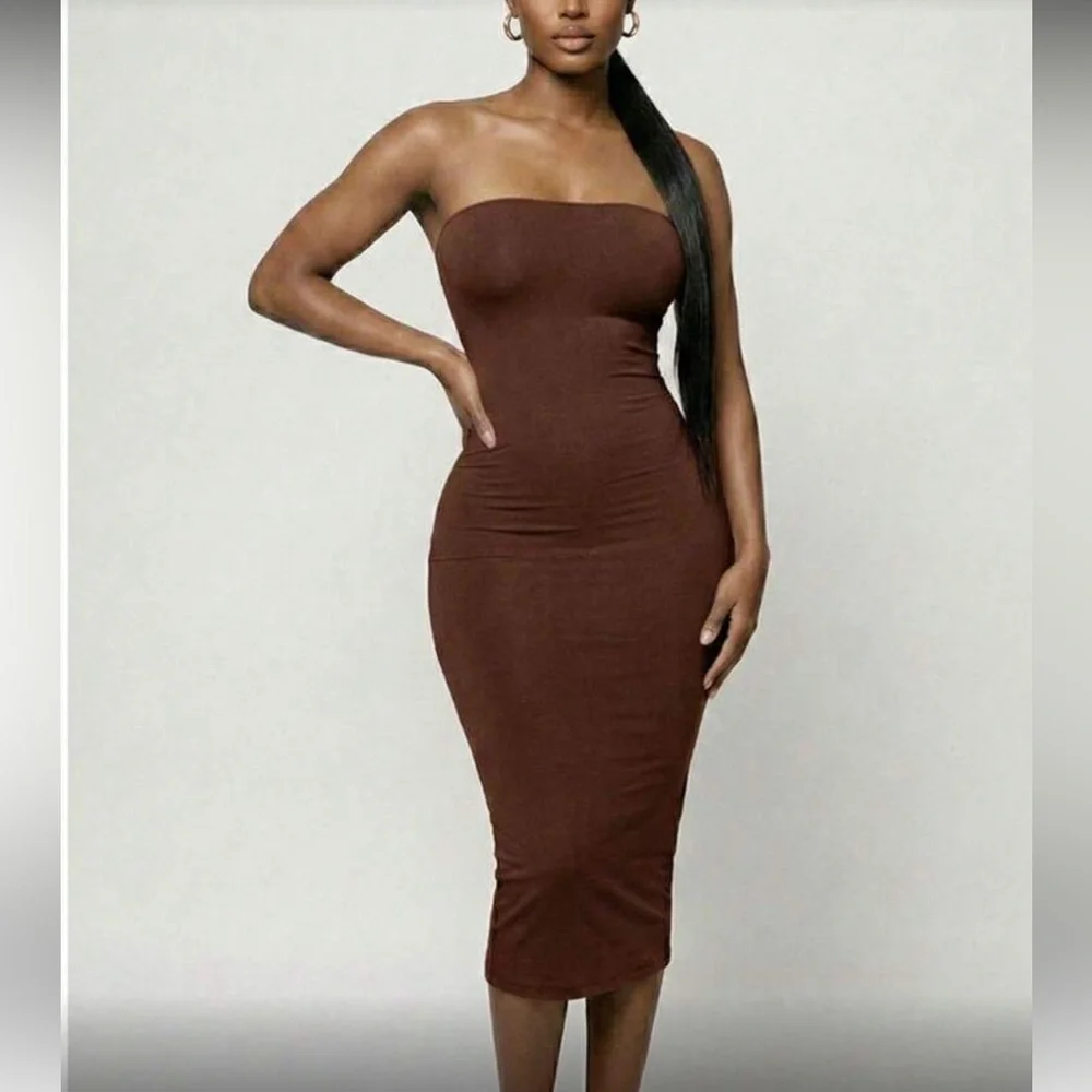 Strapless Bodycon Midi Dress in Dusty Blue - Picture 10 of 15